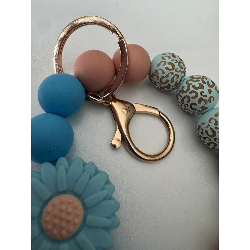 Silicone Bead Keychain Wristlet Blue Mauve Leopard Sunflower Gold Hardware